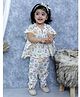 BownBee Pure Cotton Half Sleeves Owls Printed Coordinating Kaftan With Pant & Headband Set - White