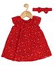 Creative Kids Cap Sleeves Floral  Printed Flared Dress With Coordinating Headband - Red