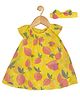 Creative Kids Cap Sleeves Fruits Printed Flared Dress With Coordinating Headband - Yellow & Pink