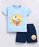 CUTOPIES Cotton Half Sleeves Emoji Printed Tee & Coordinating Shorts Set - Ocean Blue