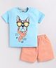 CUTOPIES Cotton Half Sleeves Dog & Stripped Printed Tee & Shorts Set - Powder Blue