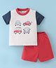 Pink Rabbit Cotton Knit Half Sleeves T-Shirt & Shorts Set With Cars Print - Red White & Navy