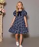 Cherry Crumble By Nitt Hyman Half Sleeves Floral Printed & Bow Detailed Cotton Dress - Navy Blue & White