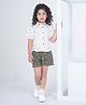 Peppermint Half Sleeves Lace Detailed & Floral Embroidered Top With Shorts - White & Olive Green