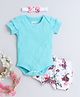 BUMZEE Cotton Half Sleeves Floral Printed Onesie & Short Set With Headband - Turquoise Blue & White