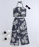 Taffykids Cotton Sleeveless Tropical Leaves Printed Crop Top With Coordinating Pant - Blue