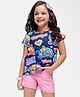 Babyhug Disney Single Jersey Dolman Sleeve T-Shirt & Denim Shorts Set with Princess Graphics - Navy Blue & Pink