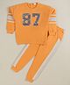 Babyhug Terry Cotton Knit Full Sleeves Top & Lounge Pants Set With Numbered Sequins - Orange & White