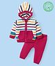 Babyhug Organic Cotton Knitted Full Sleeves Front Open Hooded Sweater Set with Stripes Design - Red