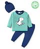 Babyhug Cotton Knit Full  Sleeves Sweater Set with Cap Dino Design - Mint Green & Navy Blue
