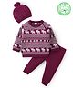 Babyhug Knitted Full Sleeves Christmas Designed  Sweater & Pant Set with Cap  - Purple
