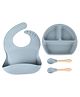 Babymoon Silicone BPA Free Baby Kids Feeding Dinner Set Gift Box Dinner Plate, Spoon & Fork, Silicone Bib Set of 4  Grey