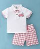 Mini Taurus Cotton Knit Half Sleeves Polo T-Shirt & Checks Shorts Set with Bunny Print with Bow Detailing - Red