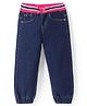 Babyhug Denim Full Length Joggers with Bow Applique - Dark Blue