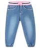 Babyhug Denim Full Length Washed Solid Color Joggers with Bow Applique - Blue