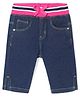 Babyhug Cotton  Denim Ribbed Waist Capri with Ribbon Detailing - Dark Blue