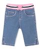 Babyhug Cotton  Denim Ribbed Waist Capri with Ribbon Detailing - Medium Blue