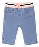Babyhug Cotton  Denim Ribbed Waist Capri with Ribbon Detailing - Light Blue