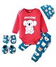 Babyhug 100% Cotton Onesies with Leggings and Cap Mittens Booties With Animals Print - Blue & Red