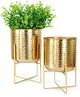 Behoma Hammered Metal Indoor Planter for Table Top and Floor, Decorative Plant Pot Set of 2, Gold