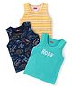 Babyhug 100% Cotton Sleeveless Striped Sandos with Dino Print Pack of 3 - Multicolour