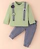 Mini Taurus Cotton Knit Full Sleeves T-Shirt & Lounge Pants Set With Animals Applique - Blue & Green