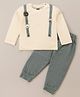 Mini Taurus Cotton Knit Full Sleeves T-Shirt & Lounge Pants Set With Animals Applique - Olive
