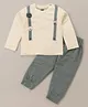 Mini Taurus Cotton Knit Full Sleeves T-Shirt & Lounge Pants Set With Animals Applique - Olive
