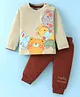 Mini Taurus Cotton Knit Full Sleeves T-Shirt & Lounge Pants Set With Cute Animals Print - Rust & Grey