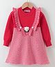 Kookie Kids Viscose Full Sleeves Winter Frock with Bear Applique - Red & Pink