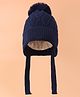 Pine Kids Woollen Cap With Knot With Cable Knit Design & Pom Pom Applique Navy Blue - Diameter 17 cm