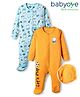 Babyoye 100% Cotton Knit Full Sleeves Sleep Suits With Teddy Print Pack Of 2 - Light Blue & Mustard