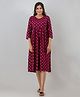 Step Queen Three Fourth Sleeves Floral Printed Dress With Zipper Nursing Access - Maroon