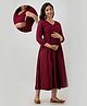 Step Queen Three Fourth Sleeves Floral Printed Dress With Zipper Nursing Access - Maroon