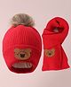 Babyhug Woollen Cap & Scarf with Bear Patch & Pom Pom - Red