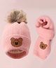 Babyhug Woollen Cap & Scarf with Bear Patch & Pom Pom - Pink