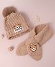 Babyhug Woollen Cap & Muffler Set with Bear Applique & Pom Pom Detailing  - Light Brown