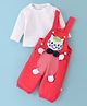 Wow Clothes Cotton Knit Kitty Applique Dungaree with Full Sleeves Polka Dot T-Shirt - Red