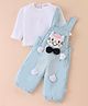Wow Clothes Cotton Knit Kitty Applique Dungaree with Full Sleeves Polka Dot T-Shirt - Light Blue