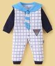 Child World Interlock Full Sleeves Sailor Neck Checked Romper With Tie - White & Light Blue