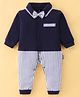 Child World Interlock Knit Full Sleeves Party Striped Romper with Bow - Navy Blue