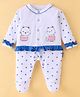 Child World Interlock Knit Full Sleeves Polka Dot Printed Footed Sleep Suit with Kitty  Embroidery & Frill Detailing - Blue & White