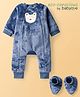 Babyoye Cotton Knit Full Sleeves Winter Wear Sleepsuit with Pair of Booties & Bear Patch - Navy Blue