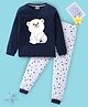 BLUSHES Cotton Knit Full Sleeves Teddy Bear  Printed Night Suit - Navy Blue & White