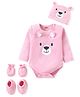 Babyhug Interlock Knit Full Sleeves Onesie with Mittens Booties & Cap Bear Applique & Print - Pink