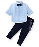 Babyhug Cotton Woven Full Sleeves Solid Colour Shirt & Trouser Set with Pinktucks Detailing Bow & Suspender - Light Blue