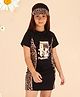 Cutecumber Embosis Hosiery Half Sleeves Animal Printed & Sequins Embellished Dress With Cap - Black