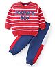 Babyhug Cotton Knit Full Sleeves Striped T-Shirt & Lounge Pants Set With Text Print - Red & Blue
