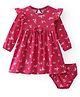 Babyhug Cotton Knit Full Sleeves Frock & Bloomer With Frill Detail & Floral Print - Maroon