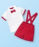 Babyhug Cotton Woven Half Sleeves  Polo T-Shirt &  Shorts Set With Bow & Suspender - White & Red
